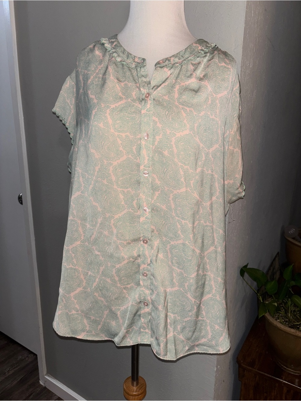 Joie Pink & Mint Green Paisley Cap Sleeve Blouse